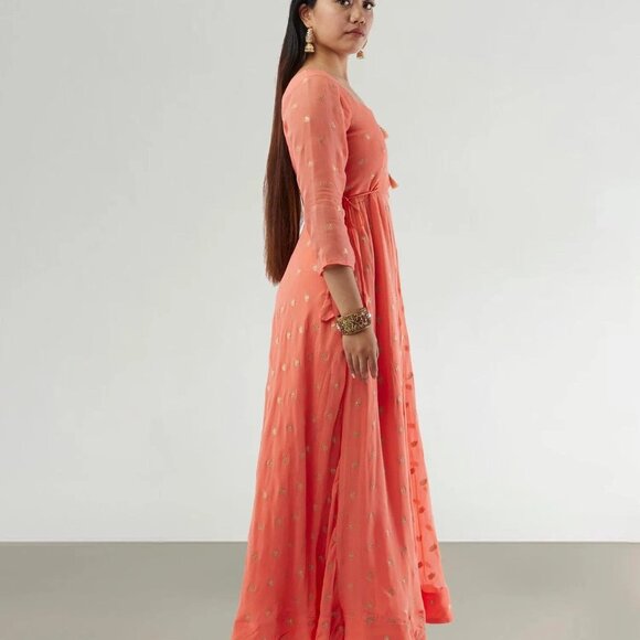 Orange Banarasi Georgette Anarkali | Muvvas Boutique - Picture 3 of 6